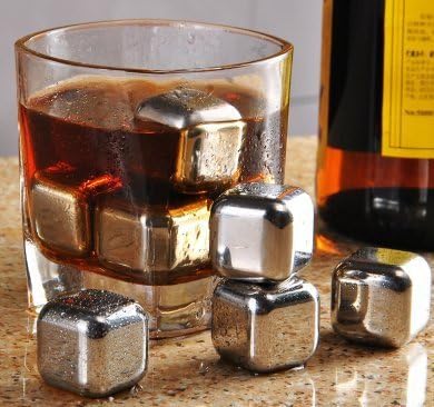 Rifrano Whiskey Stones - Set of 4 Stainless Steel Stones - 2 Whiskey Glass Cup - Set of Box with Diamond Shape Transparent Ring Box