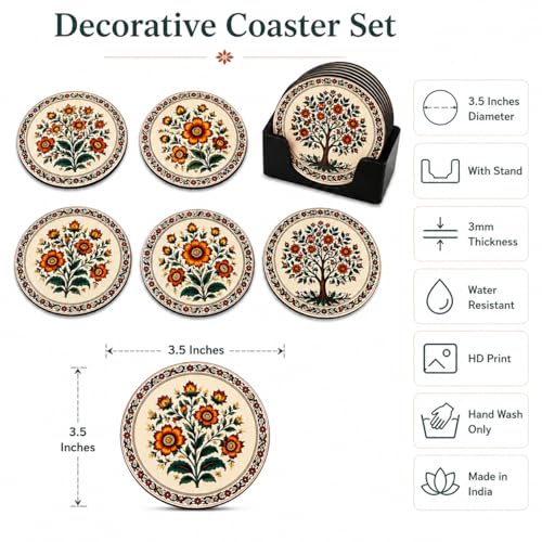 Image of Zesta Coasters for Cups Set of 6 / Wooden Coasters for Bar Accessories for Home /Tea Coaster Set of 6 / Waterproof Dining Table Decor Glass Cover (Floral, Circle)