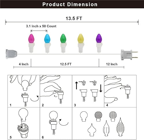 Miniatura 7 de Solduce Guirnalda de luces LED de Pascua multicolor C3, 50 unidades, luz pastel de Pascua, 120 V, certificación UL, conectable, para exteriores,