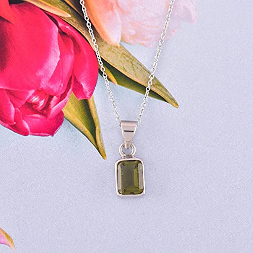 Tektite Celestial - Green Moldavite Step Cut Rectangle Stone Handmade Bezel Dainty Pendant Necklace For Women, Healing Chakra Crystal, Rhodium Plated 925 Sterling Silver Chain 18" Wedding Gift #TOP1