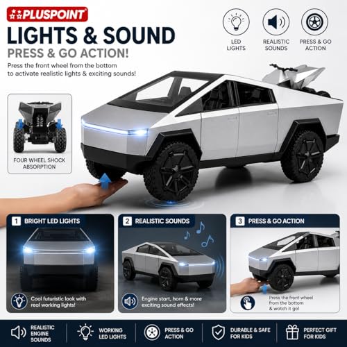Image of PLUSPOINT Diecast Tesla Toy car Metal Cybertruck Toy Car 1:24 Scale - Pull Back Alloy Simulation Vehicle with Lights & Sound, Collectible Model for Kids, Adults & Dashboard Display