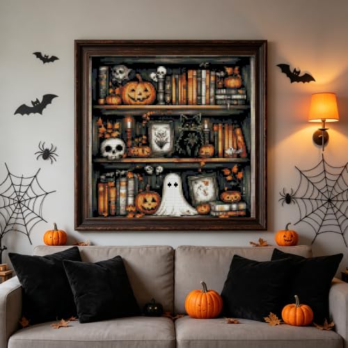 Image of Halloween Beginner Stamped Cross Stitch Kits Arts and Crafts for Adults | Ghost Embroidery Starter Kit for Adult Beginners, 11CT Pumpkins Needlepoint Counted Cross-Stitch Patterns Dimensions Kit