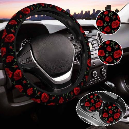 Red Roes Steering Wheel Cover for WomenUniversal Auto Steering Wheel 14-15 Inch Car Interior Accessories with 2PCS Car Coasters, Suitable for Men and Women