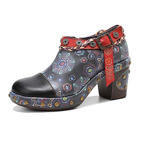 Socofy - Zapatos de tacón de piel para mujer, coloridos y vintage, zapatos Oxford con cordones, zapatos de vestir, tacones gruesos, zapatos de tacón floral, zapatos de vestir para bodas y fiestas,