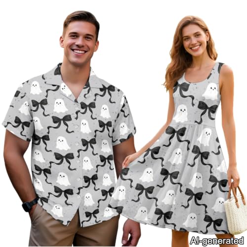 Image of Dreaweet Summer Dresses for Women A-Line Sleeveless Flowy Sun Dresses,Men's Casual Button-Down Shirts,Couple Matching Outfits