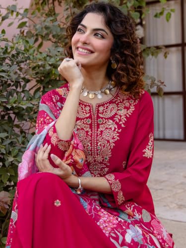 Image of INDO ERA Women's Rayon Viscose Rayon Embroidered Straight Kurta & Salwar with Dupatta Set