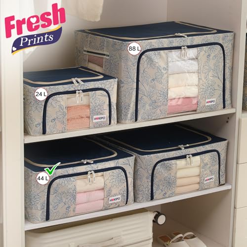 Image of HOKIPO 44L(M) Clothes Storage Box, 600D Oxford Fabric Organiser for Wardrobe, Blue Blossom Pack of 2 (AR-6485-BLU*2)