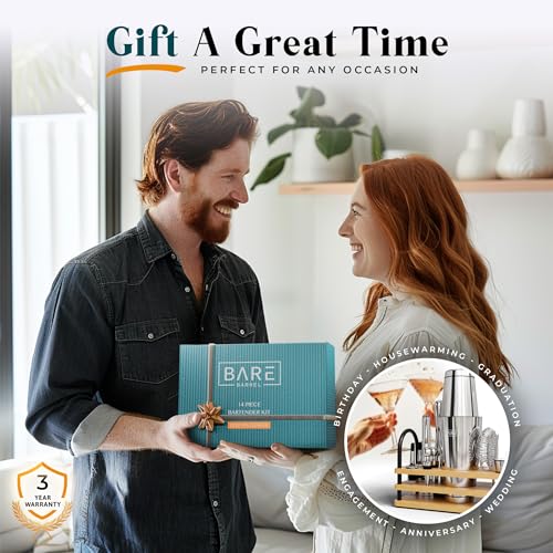 BARE BARREL® Mixology Bartender Kit Bar Set | 14-Piece Cocktail Shaker Set | Martini Barware Mixing Tools for Home Bartending | 35 Recipe Cards | Gift Set (28oz Boston Shaker, Silver/Natural) - Thumbnail 7