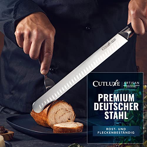Foto von Cutluxe Dönermesser Schinkenmesser – 30cm Tranchiermesser, Fleisch- und BBQ Messer– Deutschem Stahl, Volltang & ergonomisches Griffdesign mit Scheide – Artisan Serie