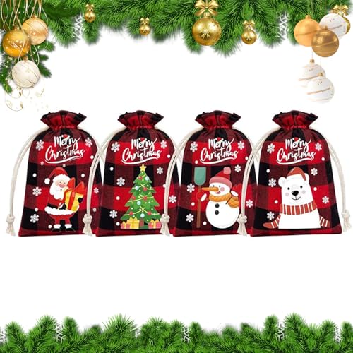 Bolsas Navidad,4 Piezas Bolsa Regalo Navidad,Bolsa de Papá Noel para Rellenar,Bolsa de caramelos,Bolsas de Regalo Navidad Con Cuerda,Bolsas de lino con Cordón,Para Envasar Dulces,Snacks,Galleta(Rojo)