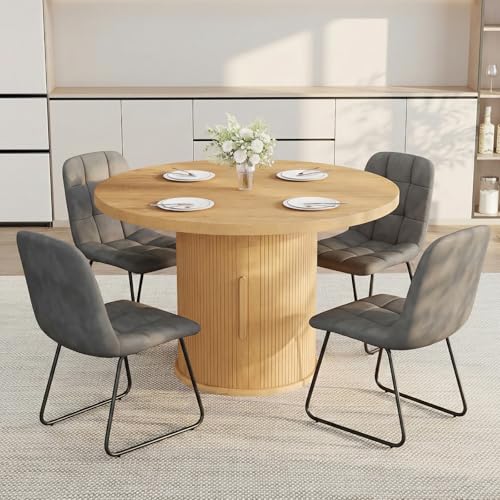 Image of 5-Piece Dining Set for Small Spaces 43.3 inch Round Table & 4 PU Leather Chairs, Modern Farmhouse with Storage Shelf, Apartment Kitchen Easy Assembly (Natural Color Round Table + 4 U-Shaped Gray Chairs)