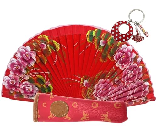 Planta Color Abanico de Madera con Flores Pintadas a Mano. Incluye una Funda Artesanal Hecha en España para Proteger el Abanico. LLavero de Regalo con Dibujo de Costumbres Españolas (Rojo Flores)
