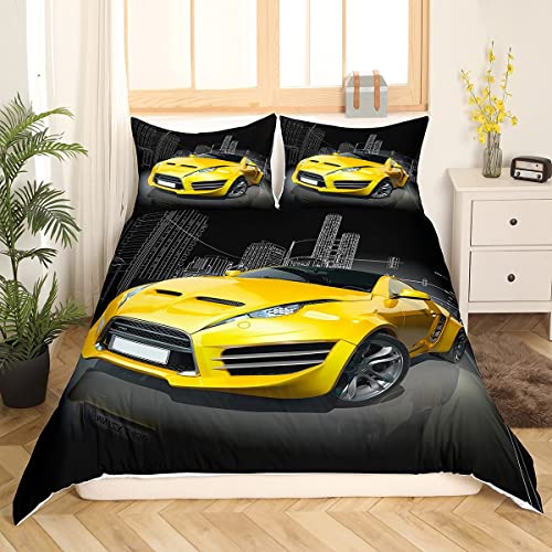 Race Car Comforter Cover Double Size Boy's Sport Bedding Set Car Collection Duvet Cover Orange Sports Car Decor Boys Girls 3 Pieces Bed Cover with Zipper Ties 2 Pillow Soft Microfiber Bedding - Image 3