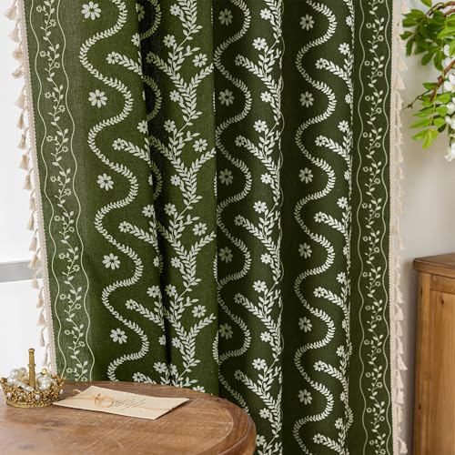 Image of Olive Green Floral Curtains 54 Inch Long for Living Room, Bedroom, 2 Panels Boho Farmhouse Vintage Tassel Semi Sheer Privacy Window Curtains Drapes with Rod Pocket