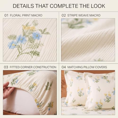 Image of VAS COLLECTIONS 240 TC Premium Fitted Bedsheet, Floral Printed King Size Elastic Deep Pocket Mattress Cover, Soft Breathable Bed Sheet for Bedroom, 72 x 78 + 10 Inches (183 x 198 + 25 cm) - Eucalyptus