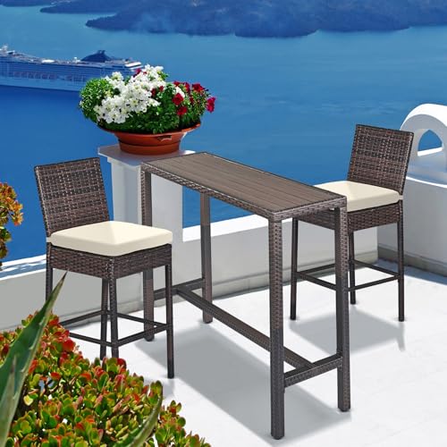 Outdoor Bar Set for Patio 3pcs Outdoor Bar Table and Chairs Set All Weather Bar Height High Top Outdoor Table and Chairs Wicker Bar Stools Set of 2 Tall Patio Table for Outside Balcony Brown (Beige)