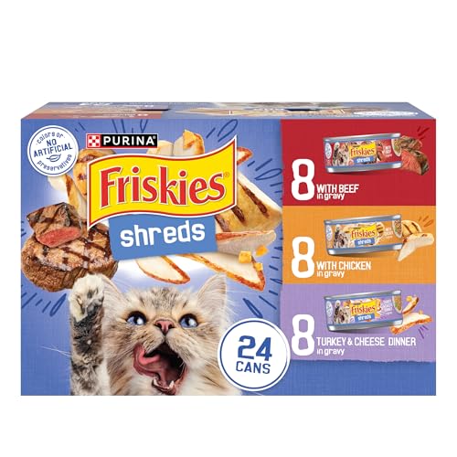 Purina Friskies Gravy Wet Cat Food Variety Pack, Shreds With Beef, With Chicken, and Turkey and Cheese Dinner - (Pack of 24) 5.5 oz. Cans