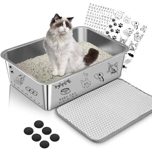 Lohofrnny Edelstahl Katzenklo, 60×40×15cm Große XXL Katzentoilette aus Edelstahl, Katzenklo Geruchsfrei für Großes Häschen und große Katze, leicht zu reinigen, Anti-Rutsch Gummiboden