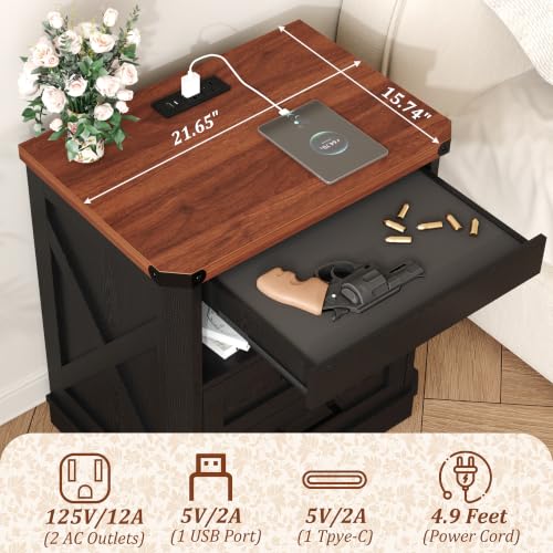 Image of Yusong Farmhouse Night Stand with Gun Drawer & Invisible Lock, Rustic Wooden Night Stand with Charging Station, Beside Table with Drawers and Open Storage, End Tables for Bedroom, Black