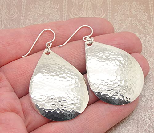 Large 1-1/2 Inch Teardrop Handmade Hammered Sterling Silver Earrings #TOP2