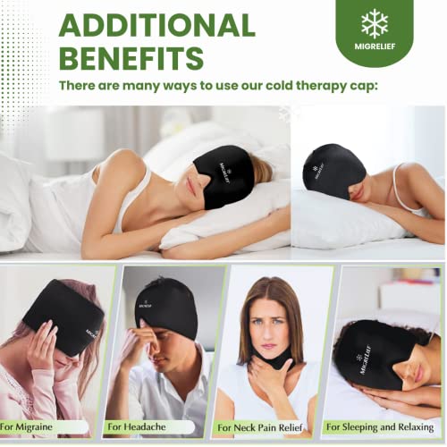 Migrelief Migraine Relief Cap - Ice Cap For Migraines And Headaches With 360 Degree Head And Eye Coverage - Cold Therapy Headache Hat And Migraine Mask For Natural Pain Relief - One Size, Black #TOP2