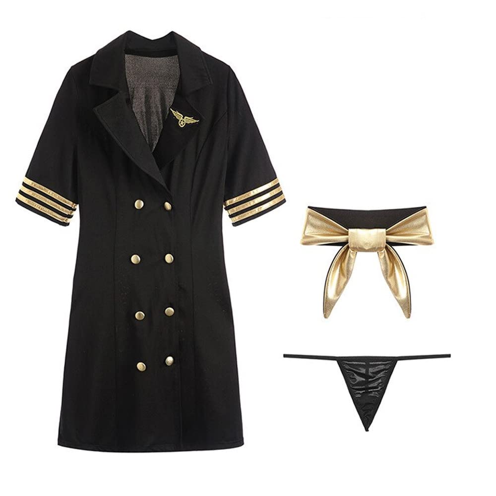 MARGOUN Women Sexy Cosplay Adult Pilot Costumes Flight Captain Cosplay Uniform Party Nightclub Stewardess Dress Flight Attendant Outfits M08 (Black, Large)