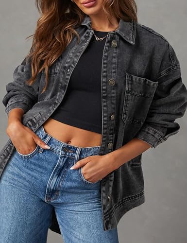 Womens Oversized Button Down Denim Jacket Long Sleeve Boyfriend Jean Shacket Jacket Coat with Pockets2