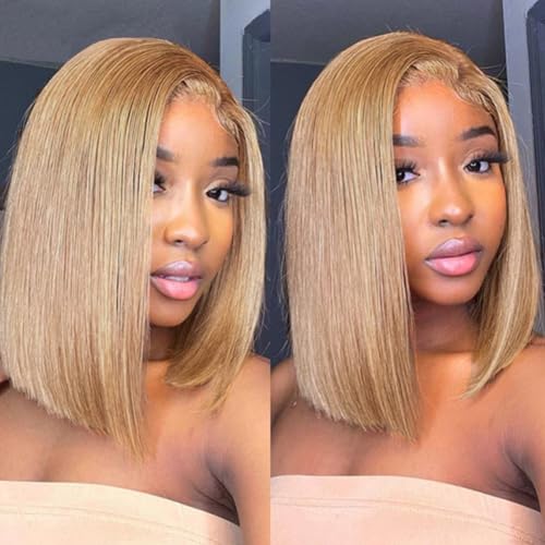 SUPERNOVA Honey Blonde Bob Wig Human Hair #27 Colored 4x4 Lace Closure Wigs For Black Women Pre Plucked Pre Cut Short Bob Wig Human Hair Straight 200 Density 10 Inch