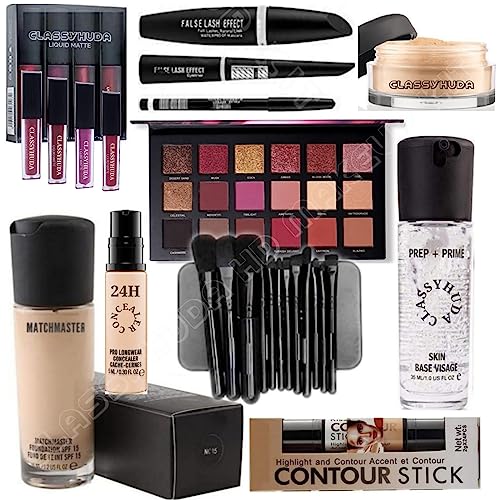 foundation, concealer, 2 in 1 contour, brushes set, primer, eyeshadows, mini lipstick, eyeliner, mascara, eyebrow pencil & face powder. Beautiful makeup kit.