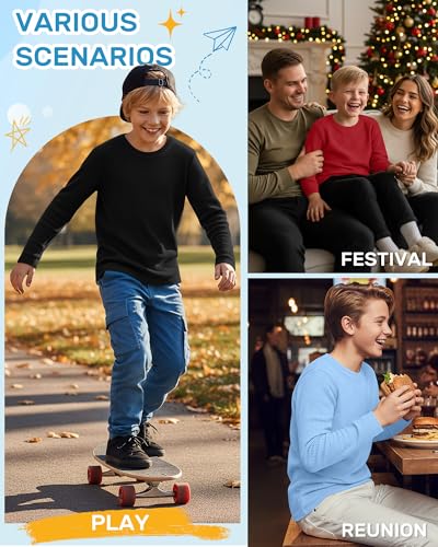Image of 4 Pack Boys Long Sleeve Waffle Shirts | School Sweaters for Boys, Waffle Knit Thermal Shirts, Crewneck Thermal Casual Tops, Fall, Winter, Kids Clothes for 5-14 Y