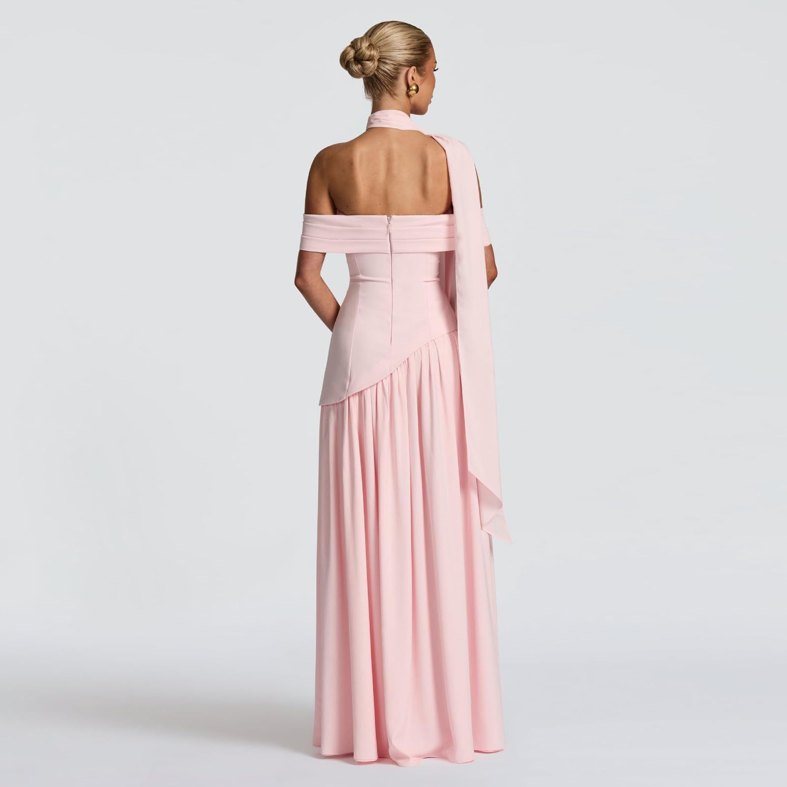 Vestido Largo para Mujer Elegante Vestidos de Fiesta Hombros Descubiertos Sexy Maxi Vestido sin Espalda con Abertura Vestidos Formal de Noche Ajustado con Bufanda para Ceremonia Boda