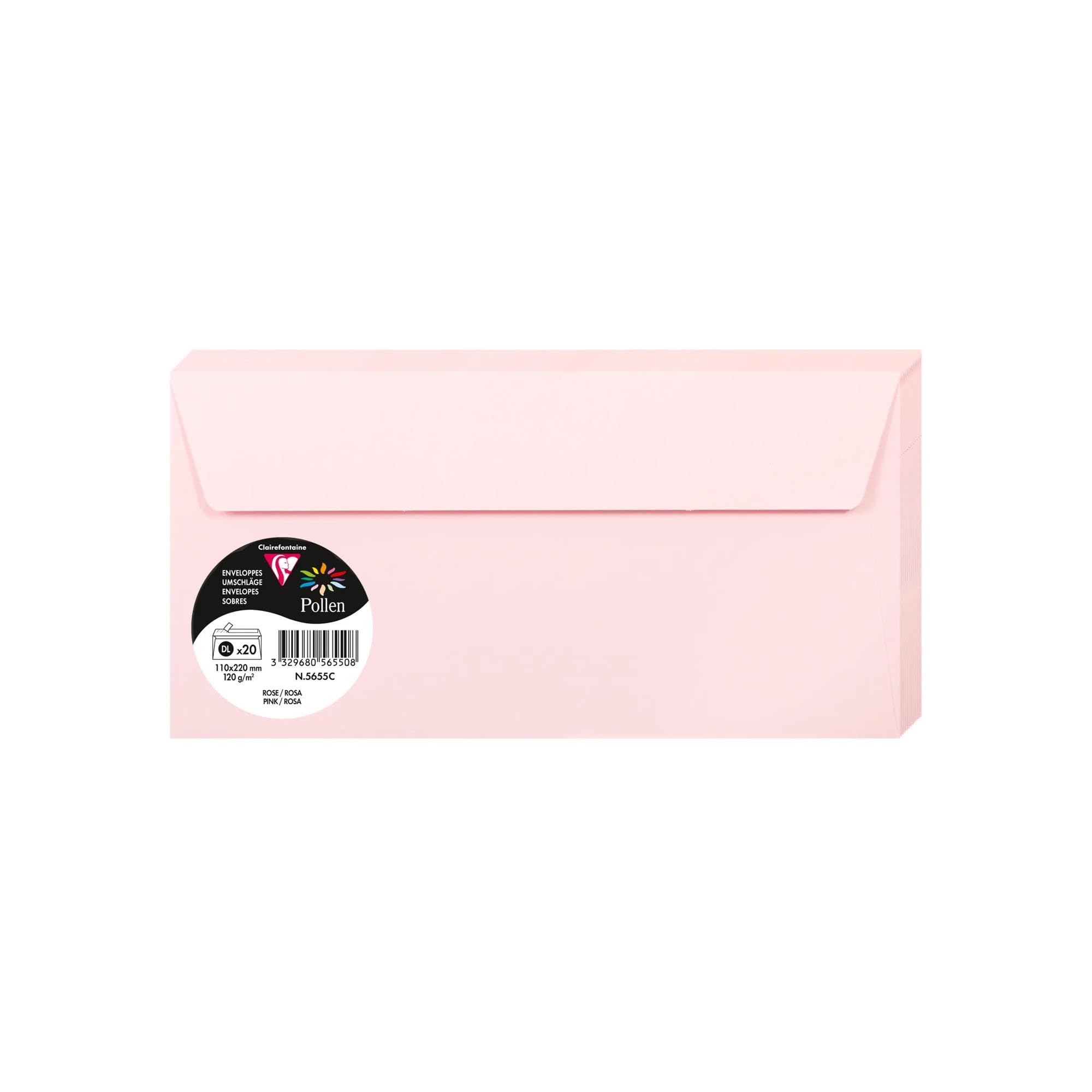 Clairefontaine 5655C Pack of 20 Self-Adhesive Envelopes DL 11x22cm 120gsm Pink Invitation Events and Correspondence - Pollen Range- Premium Smooth Paper