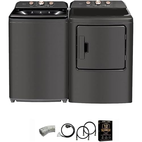 Midea White Top Load Washer and Electric Dryer Laundry Pair Bundle 4.1 Cu Ft Washer 7 Cu Ft Dryer with Vent Power Cord and 12 Month CPS Protection Plan (Black)