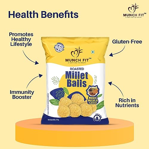 Image of Munch Fit Healthy Roasted Combo of 6 Varieties of Millet Snacks | Magic Masala, Tangy Tomato, Peri Peri, Cream Onion, Chilli Garlic & Pani Puri | Tasty, Low GI, Protein Rich Pack of 1x100g each