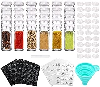 Tebery 30 Pack Glass Spice Jars Bottles 120ml Empty Square Spice Containers with Silver Metal Lids Complete Organizer Set Includes Shaker Tops, Wide Funnel and Labels