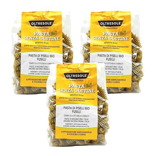 Oltresole - Pasta di Piselli Biologica Italiana Gluten Free, Formato Fusilli - pasta proteica di legumi, 100% farina di piselli verdi bio, vegan senza glutine, confezione da 3 pacchi da 350 g