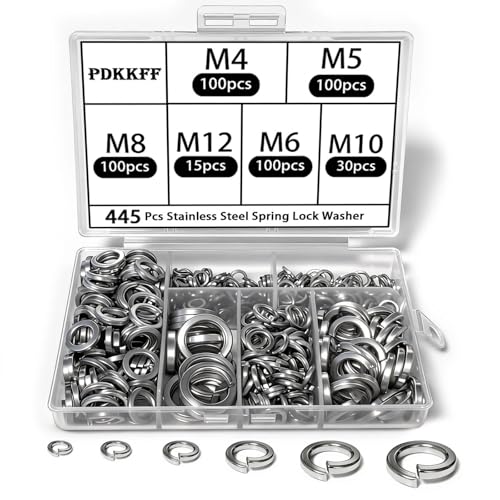 PDKKFF Juego de 445 Piezas Arandelas de Resorte M4/M5/M6/M8/M10/M12 en Espiral de acero inoxidable, DIN 127 forma B Plata Arandelas de Seguridad para Fijación de Tornillos