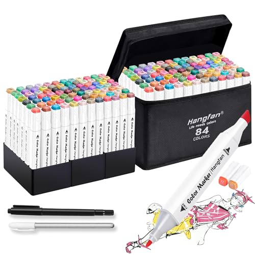 hangfan Alcohol Based Ink Art Markers, 84 Colors Broad&Fine Dual Tip Permanent Markers Pen Set for Professional Coloring Illustrations Sketch Drawing Painting Card Making (white)