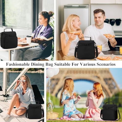 Image of Nylon Insulated Lunch Bag with Shoulder Strap, Large Capacity, Dual Compartment, Black (Black), 11 Liters