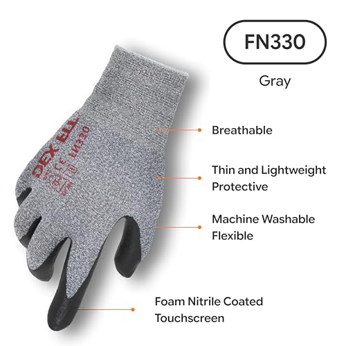 Image of DEX FIT Work Gloves FN330, 3D Comfort Stretch Fit, Power Grip, Durable Foam Nitrile Coated, Smart Touch, Thin & Lightweight, Machine Washable, Grey 7 (S) 3 Pairs