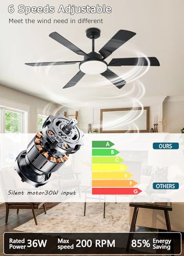 Image of JSAITEE 52 Inch Low Profile Ceiling Fan with Lights, Remote & APP Control, 3CCT Dimmable, 6 Blades 6 Speed Ceiling Fans, Quiet Reversible DC Motor, Modern Black Ceiling Fan for Bedroom Living Room