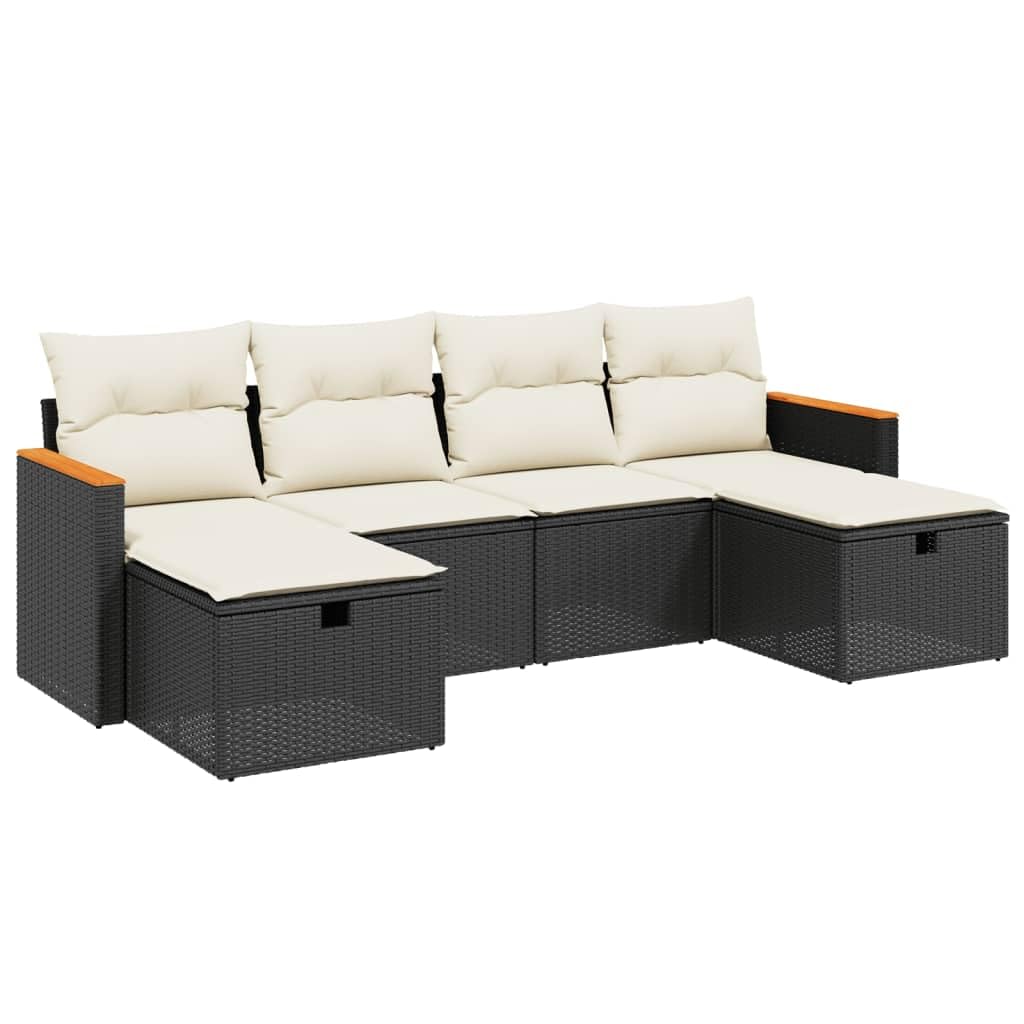 Juego de 6 sofás de jardín de polirratán negro para terraza y jardín, conjunto modular con 2 sillones centrales, 2 sillones con reposabrazos y 2 taburetes, incluye cojines