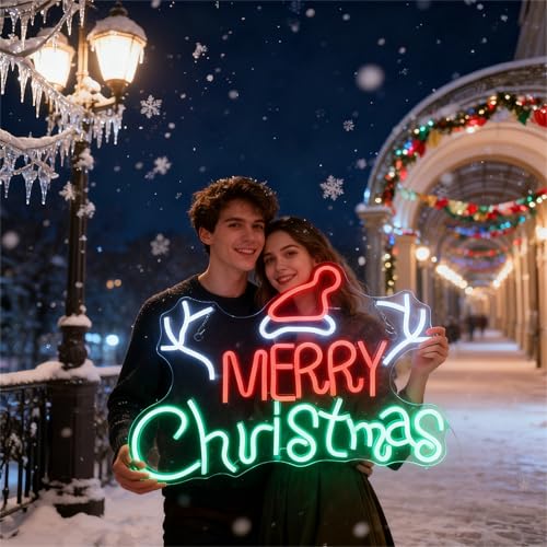 Image of Merry Christmas Neon Sign | Holiday Wall Decor，Santa Hat Design, Reindeer Antlers Design,16.5 inch x 12.6 inchIN