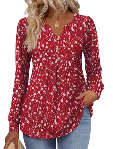 Image of Zeagoo Womens Long Sleeve Tops Fall V Neck Shirt Casual Pleated Tunic Top