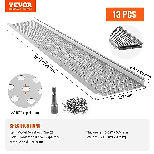 Image of VEVOR Gutter Guard, 5 inch Width, Aluminum Leaf Filter DIY Gutter Cover, 13 PCS 52 ft Total Length, 0.157'' Hole Diameter & 0.02'' Thick Fits Any Roof or Gutter Type