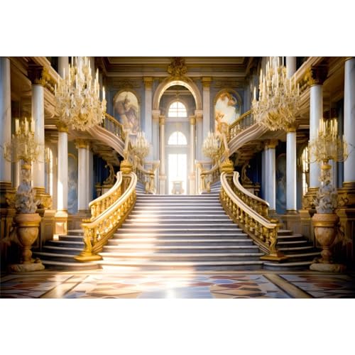 Laeacco 12x10ft Gold Palace Backdrop Golden Church Hall Staircase Luxury