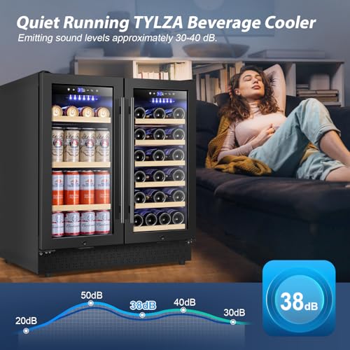 Image of Tylza 30 Inch Wine and Beverage Refrigerator, Dual Zone Wine Beverage Cooler 30 inch with French Door, Under Counter Wine Beer Fridge Built-In or Freestanding, Holds 29 Bottles and 110 Cans, Black