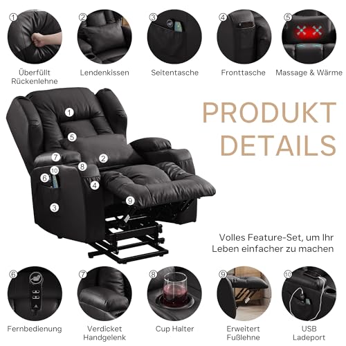 SITURAY Elektrisch Verstellbar Relaxsessel Fernsehsessel mit Liegefunktion Aufstehhilfe, Kunstleder Aufstehsessel Seniorensessel mit Massage Heizung, TV Sessel Kinosessel mit USB bis 150 kg (Schwarz) – Bild 5
