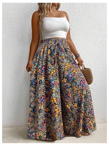 Verdusa Women's Plus Size Boho Floral Baggy Flowy Pants Vacation Wide Leg Loose Trousers3