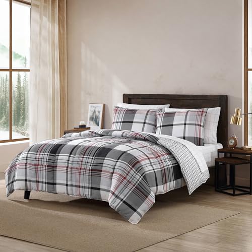 Image of Eddie Bauer- Queen Duvet Cover Set, Reversible Microsuede Bedding Set with Matching Sham(s), Casual Home Decor (Normandy Plaid Black, Queen)